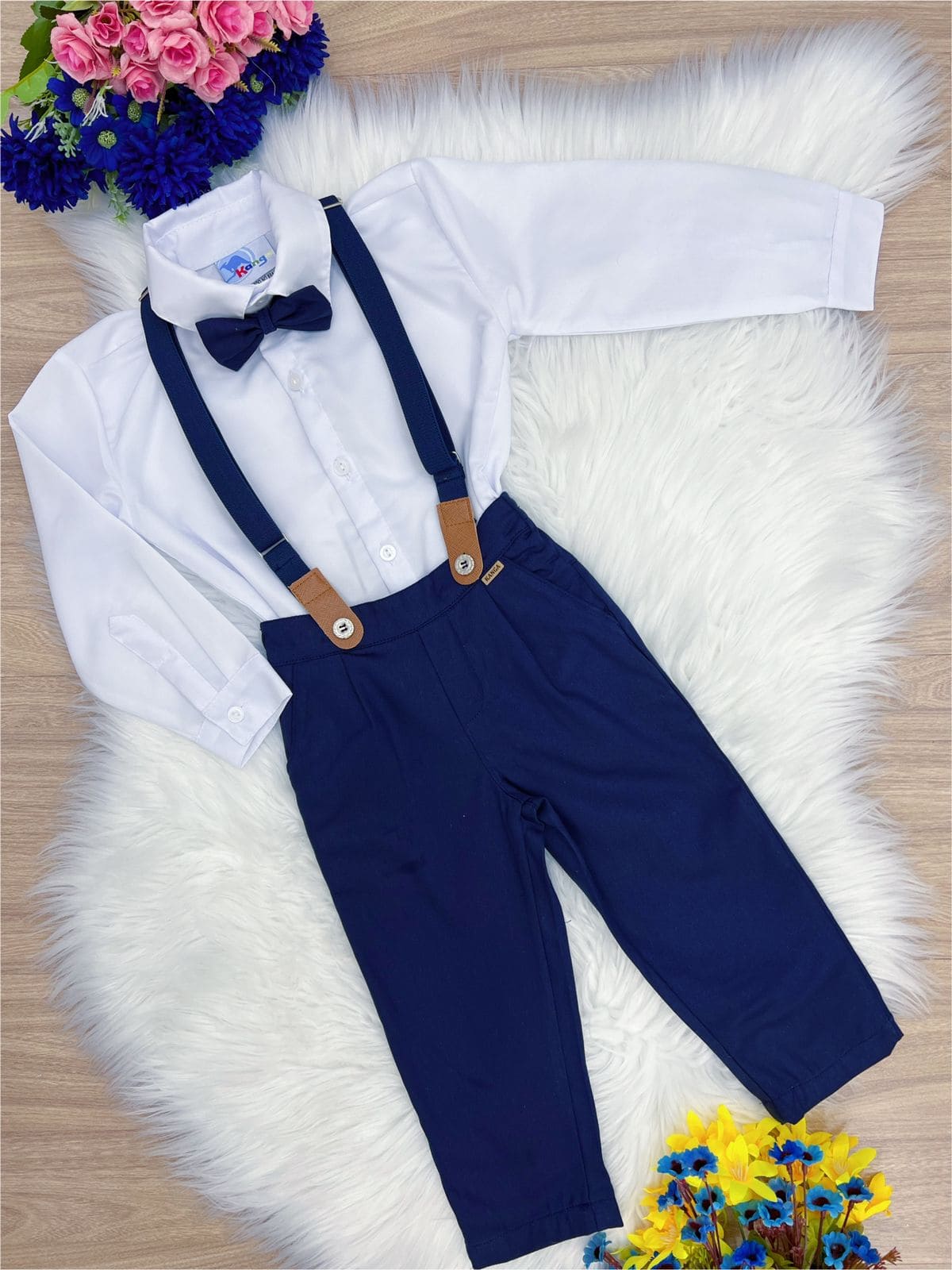 Conjunto Social Calça Sarja Camisa Gravata Susp. Azul Branco