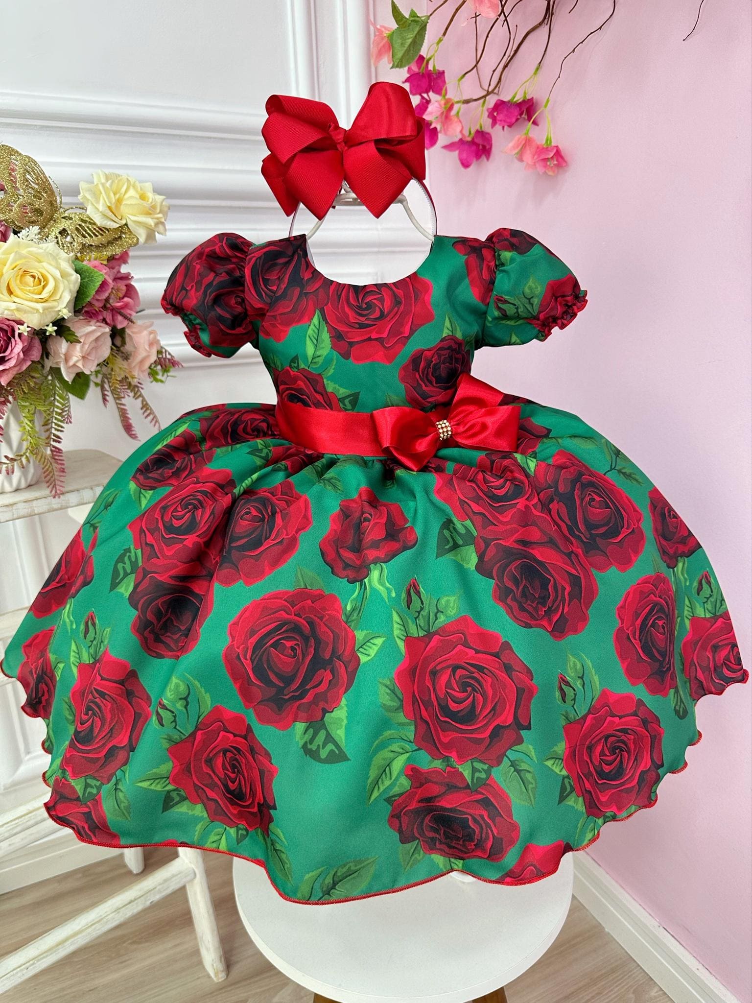 Vestido Festa Infantil Verde Rosas Vermelhas