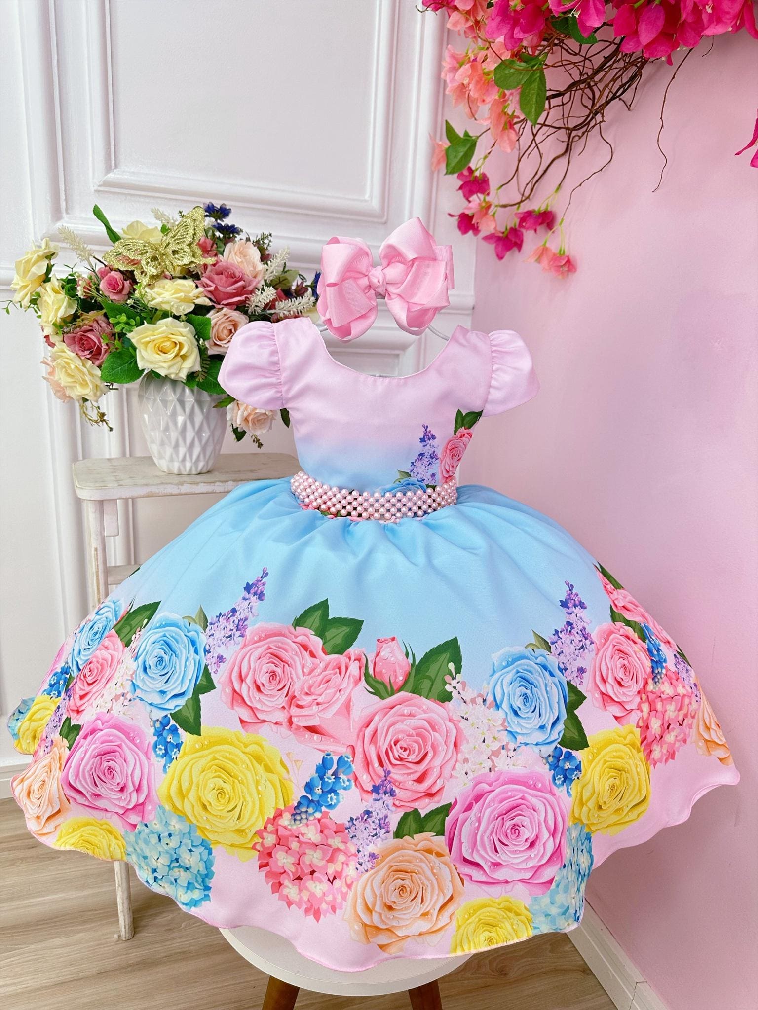 Vestido Infantil Floral Azul Rosa Princesa