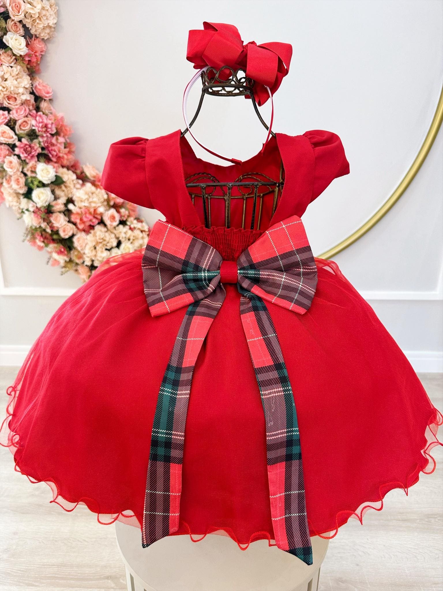 Vestido Infantil para Festas Vermelho Xadrez