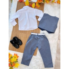 Conjunto Social Colete Gravata Calça Cinza e Camisa Branca