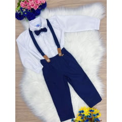 Conjunto Social Calça Sarja Camisa Gravata Susp. Azul Branco