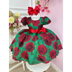 Vestido Festa Infantil Verde Rosas Vermelhas