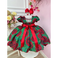 Vestido Festa Infantil Verde Rosas Vermelhas