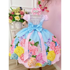 Vestido Infantil Floral Azul Rosa Princesa