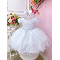 Vestido de Festa Infantil Branco Detalhe Nervura Luxo