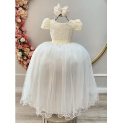 Vestido de Festa Infantil Branco Marfim Detalhe Nervura Luxo