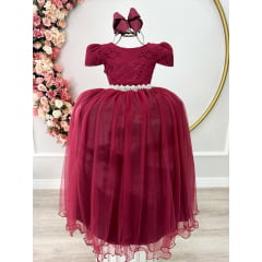 Vestido de Festa Infantil Marsala Detalhe Renda Luxo