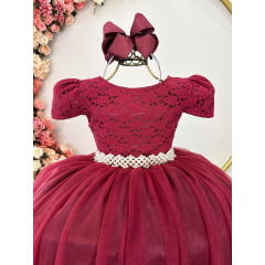 Vestido de Festa Infantil Marsala Detalhe Renda Luxo