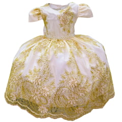 Vestido de Festa Infantil Realeza Luxo Marfim Dourado