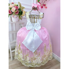 Vestido de Festa Infantil Rosa Dourado Longo