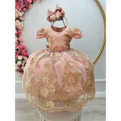 Vestido de Festa Infantil Rosê Nude Rosa Seco com Dourado Luxo