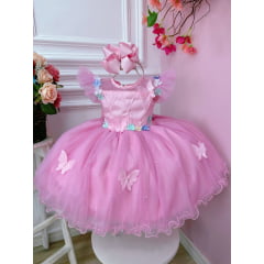 Vestido Festa Infantil Rosa Borboleta Luxo