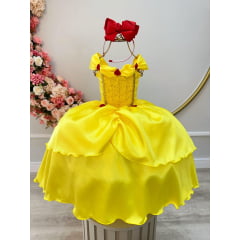 Vestido Fantasia Infantil Bela e a Fera Amarelo Com Renda Dourada