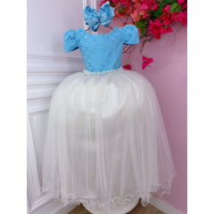 Vestido Infantil Azul Branco Longo Perola