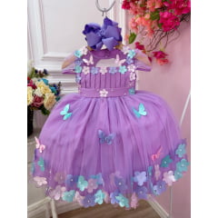 Vestido Infantil Borboleta Lilas Busto Plissado