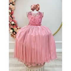 VESTIDO INFANTIL ROSÊ C/ RENDA LUXO E PÉROLAS DAMAS