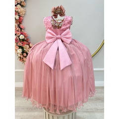 VESTIDO INFANTIL ROSÊ C/ RENDA LUXO E PÉROLAS DAMAS