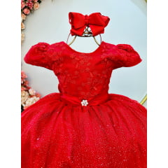 VESTIDO INFANTIL VERMELHO C/ RENDA LUXO E PÉROLAS DAMAS