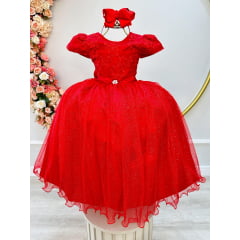 VESTIDO INFANTIL VERMELHO C/ RENDA LUXO E PÉROLAS DAMAS