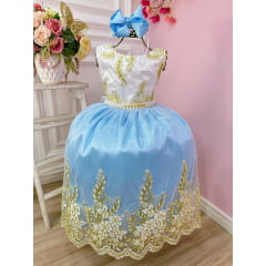 Vestido Menina Festa Azul Bebê com Dourado