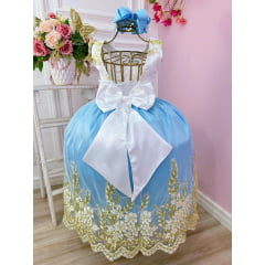 Vestido Menina Festa Azul Bebê com Dourado