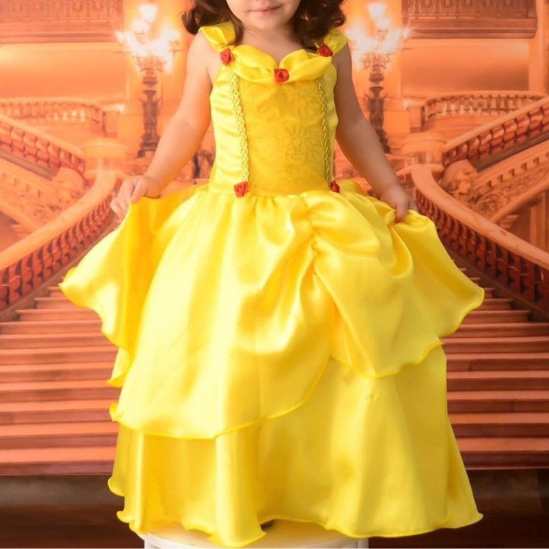 Vestido Festa Infantil Da Cinderela Azul Com Detalhes Amarelo