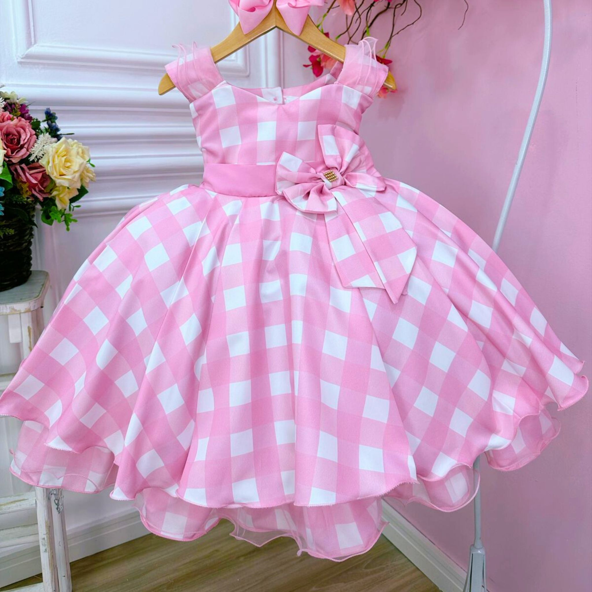 Vestido Infantil Barbie Rosa Xadrez - Louyse Rodrigues