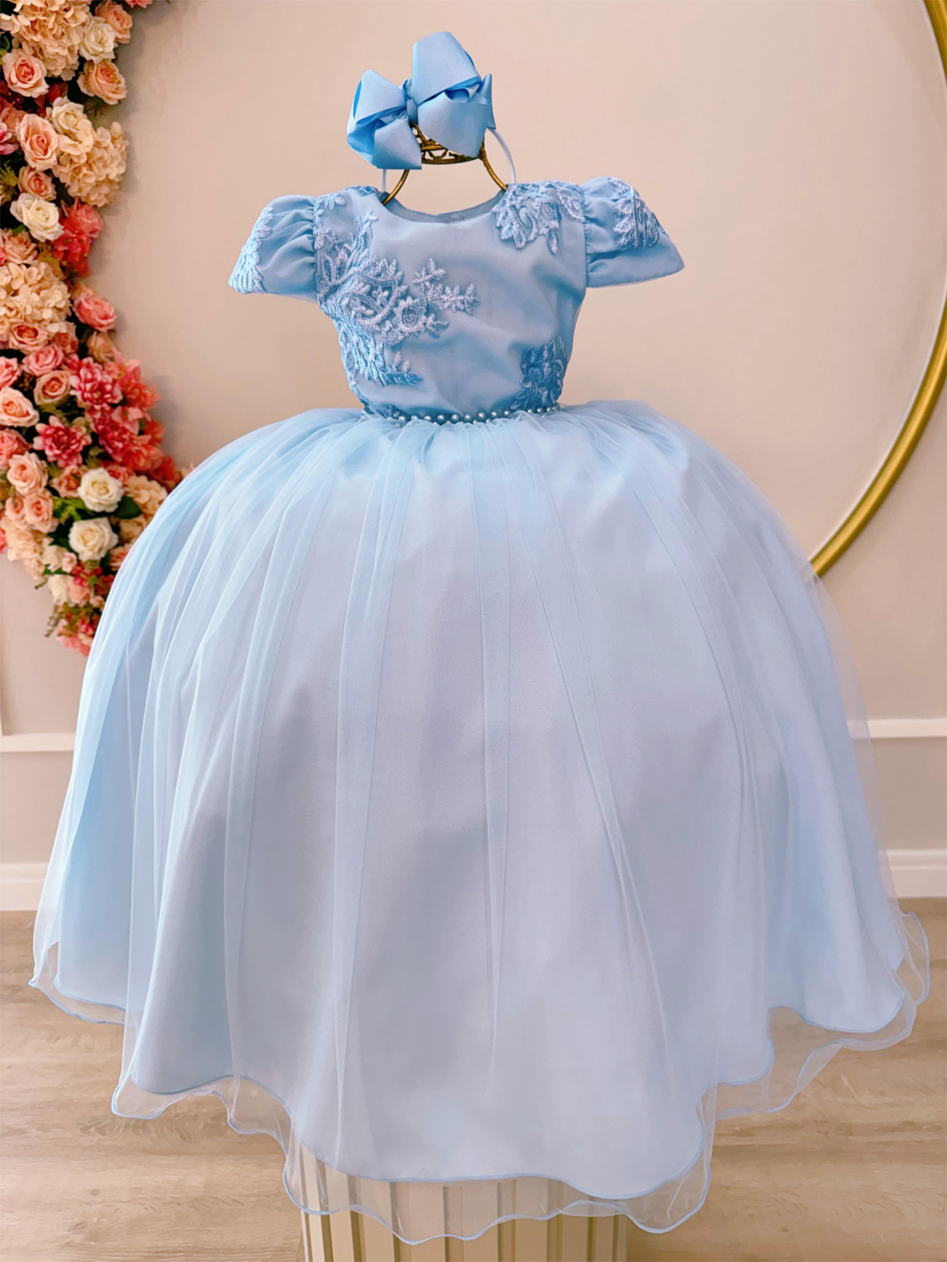 Vestido de Festa Infantil Azul Detalhe Renda Luxo