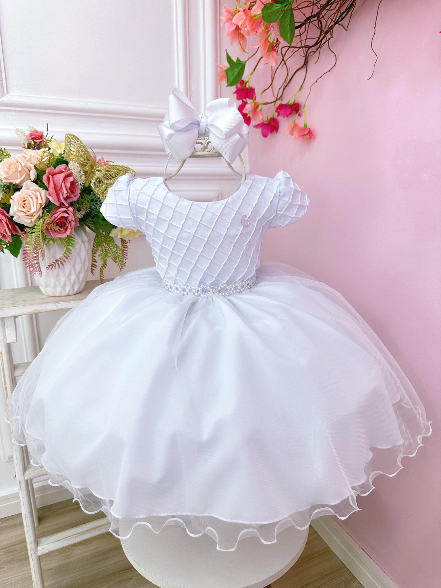 Vestido de Festa Infantil Branco Detalhe Nervura Luxo