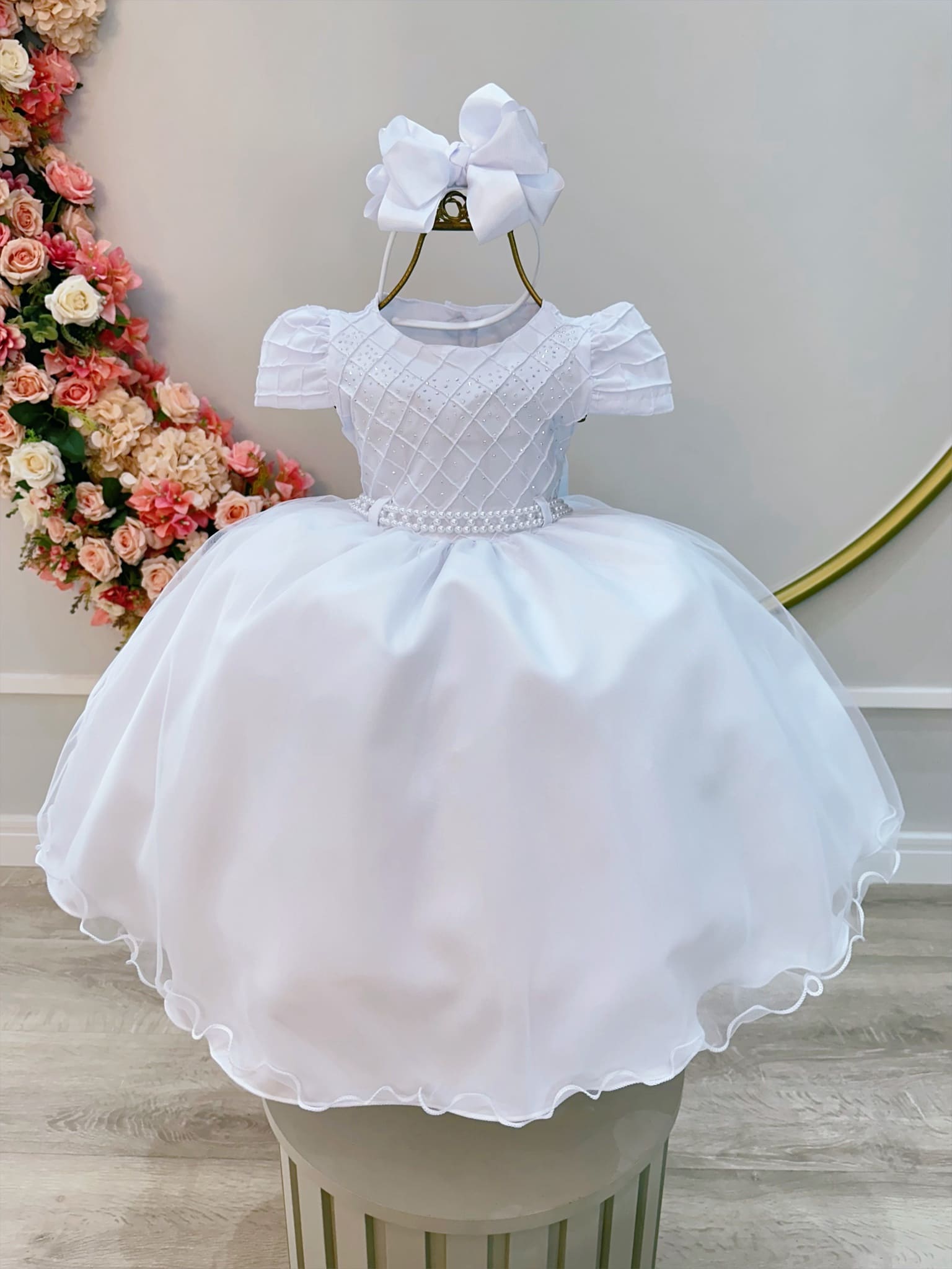 Vestido de Festa Infantil Branco Detalhe Nervura Luxo