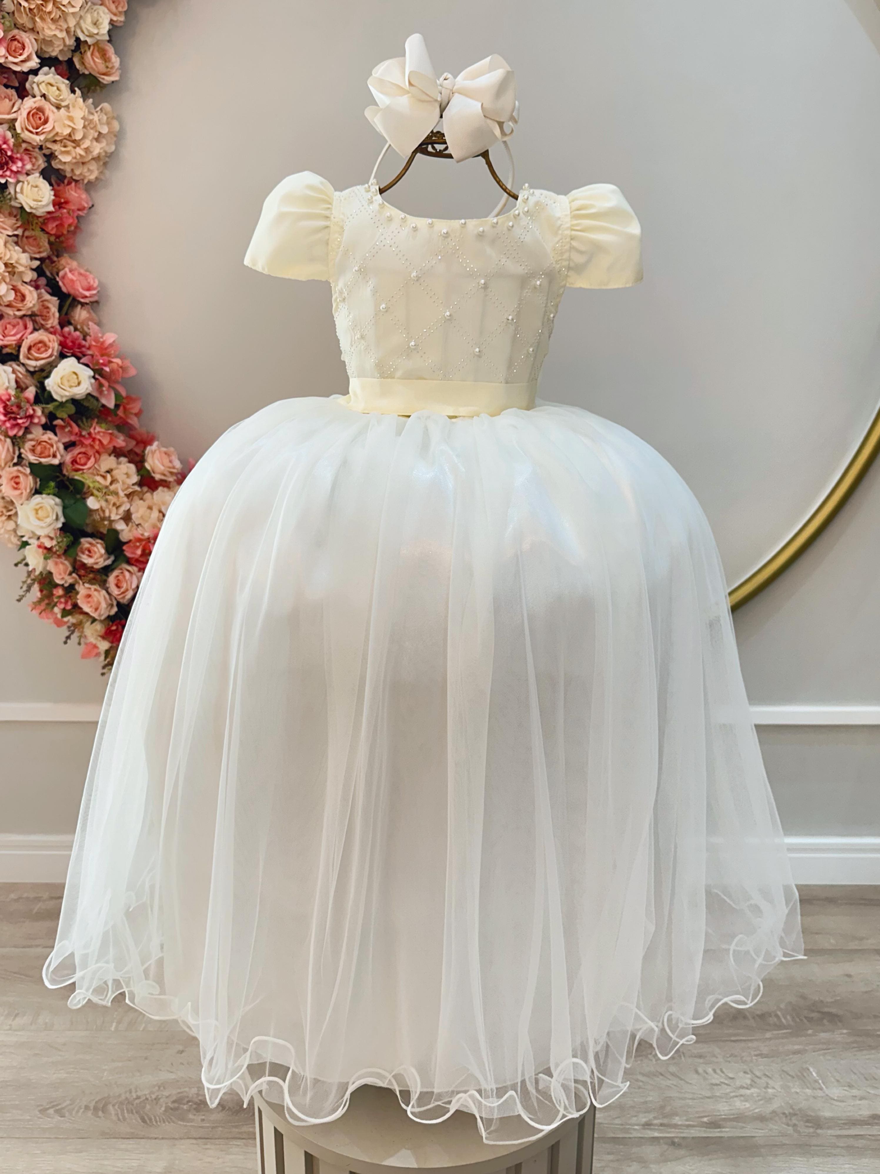 Vestido de Festa Infantil Branco Marfim Detalhe Nervura Luxo