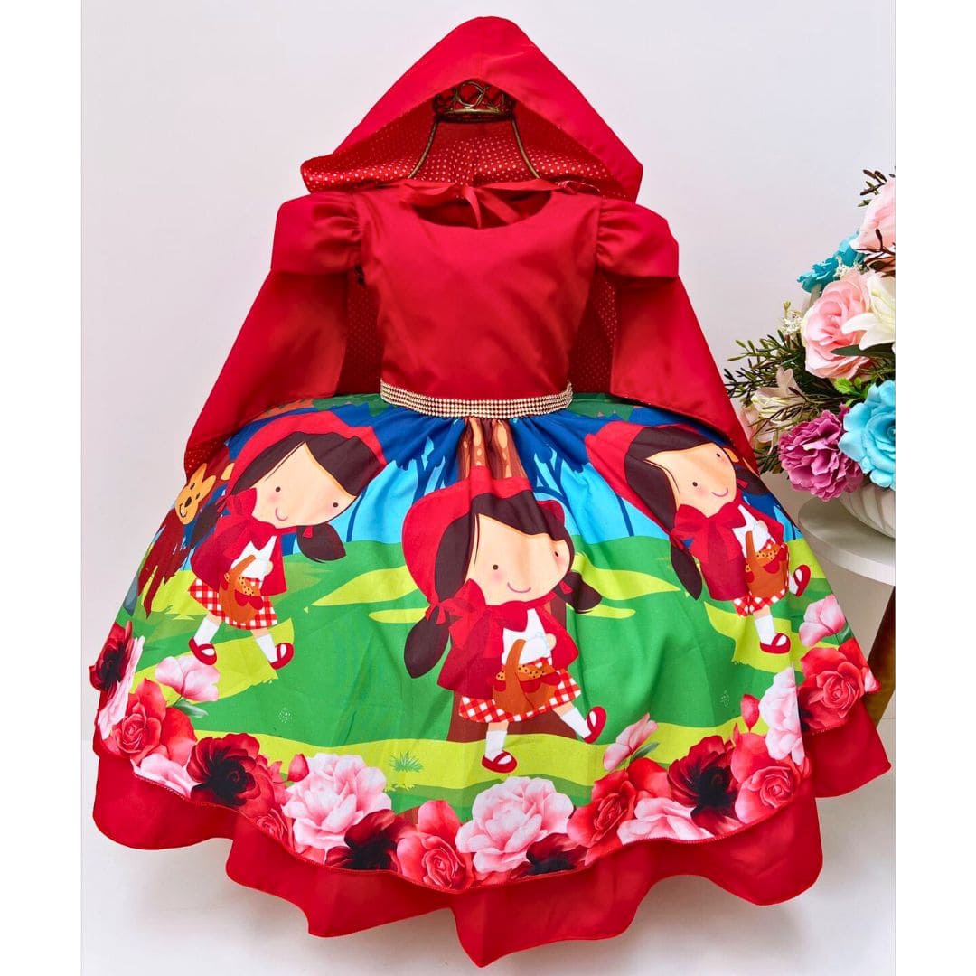 Vestido de Festa Infantil Chapeuzinho Vermelho + Capuz de BRINDE