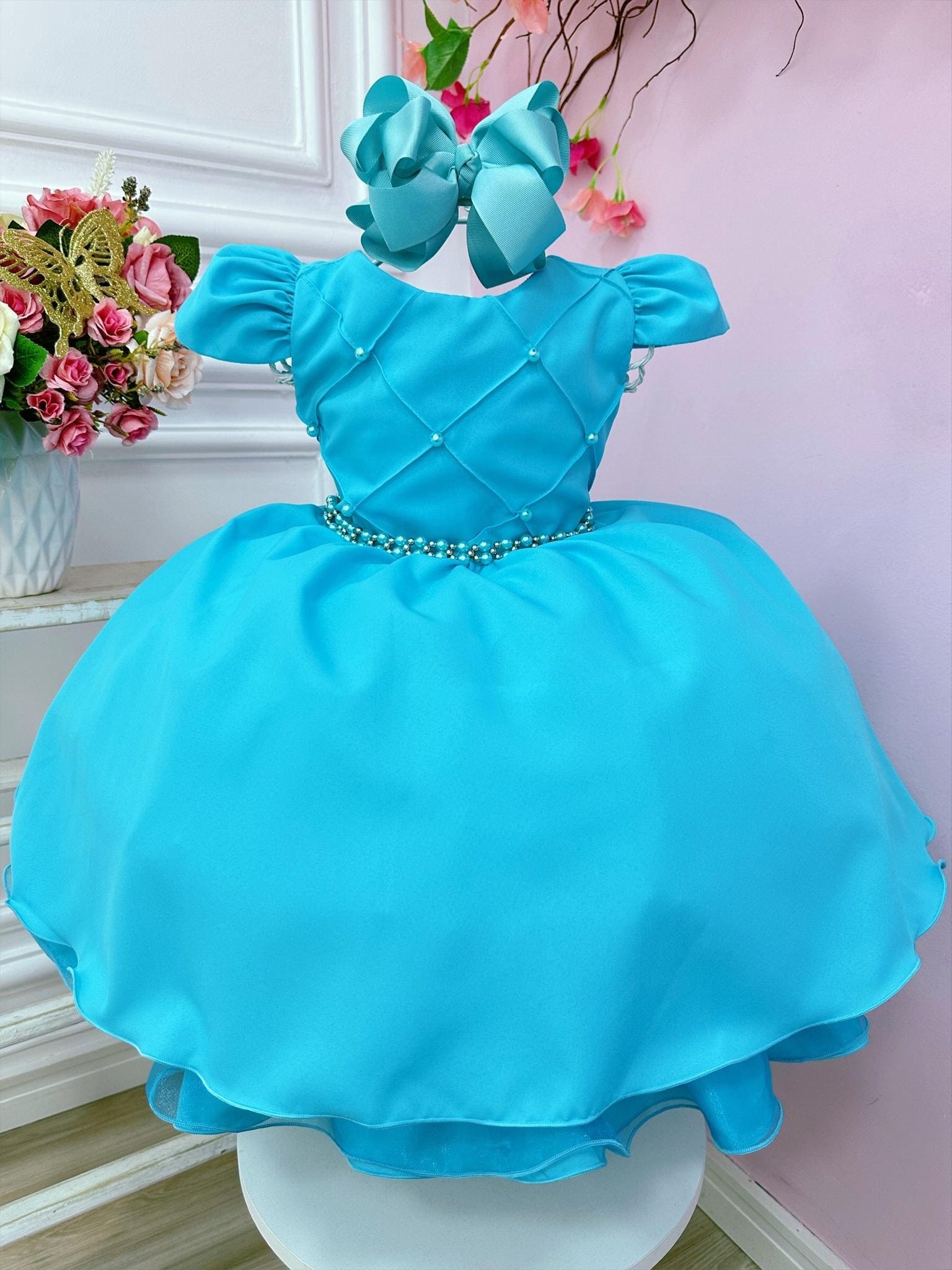 Vestido de Festa Infantil Nervura Azul Tiffany