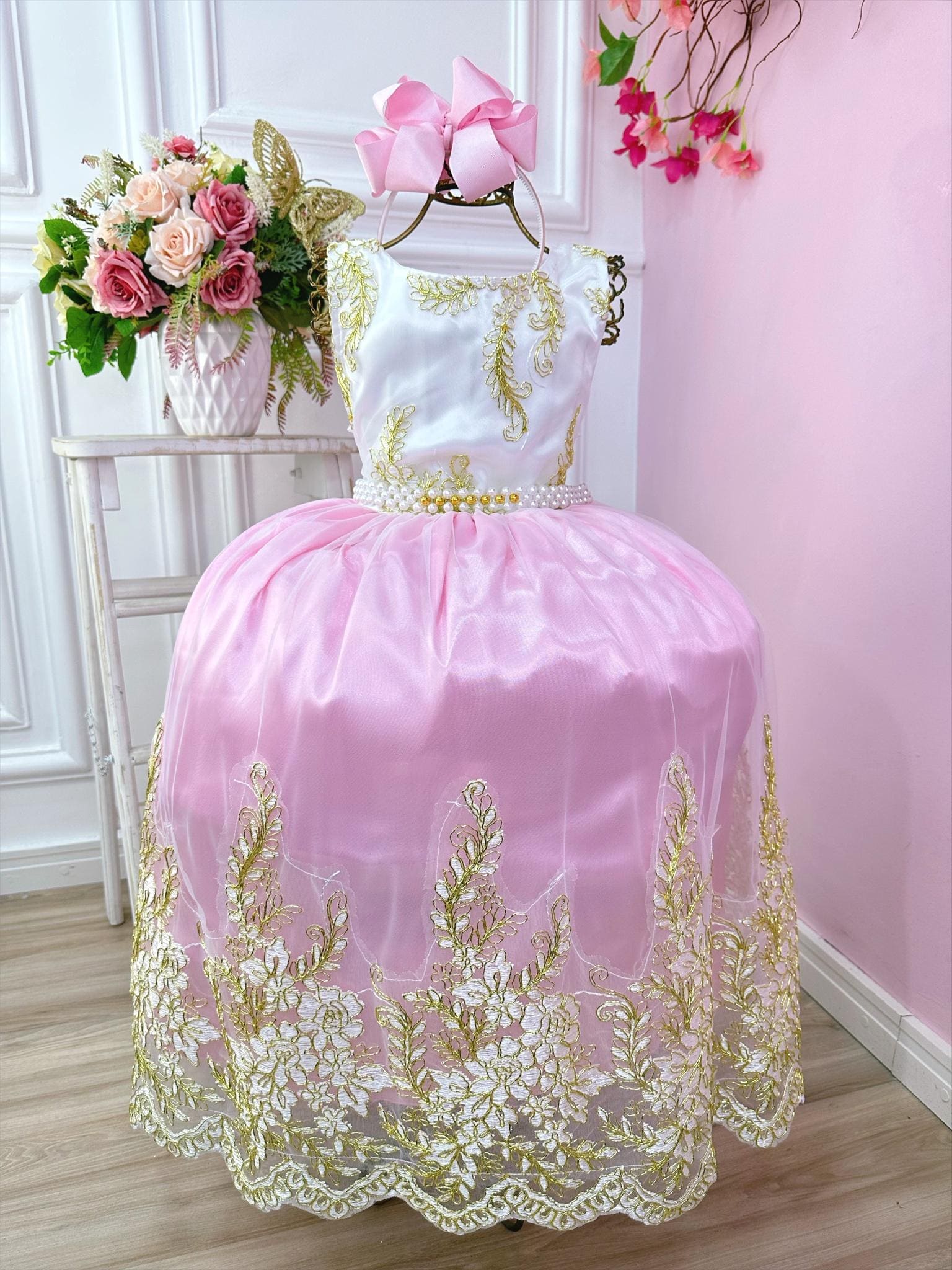 Vestido de Festa Infantil Rosa Dourado Longo