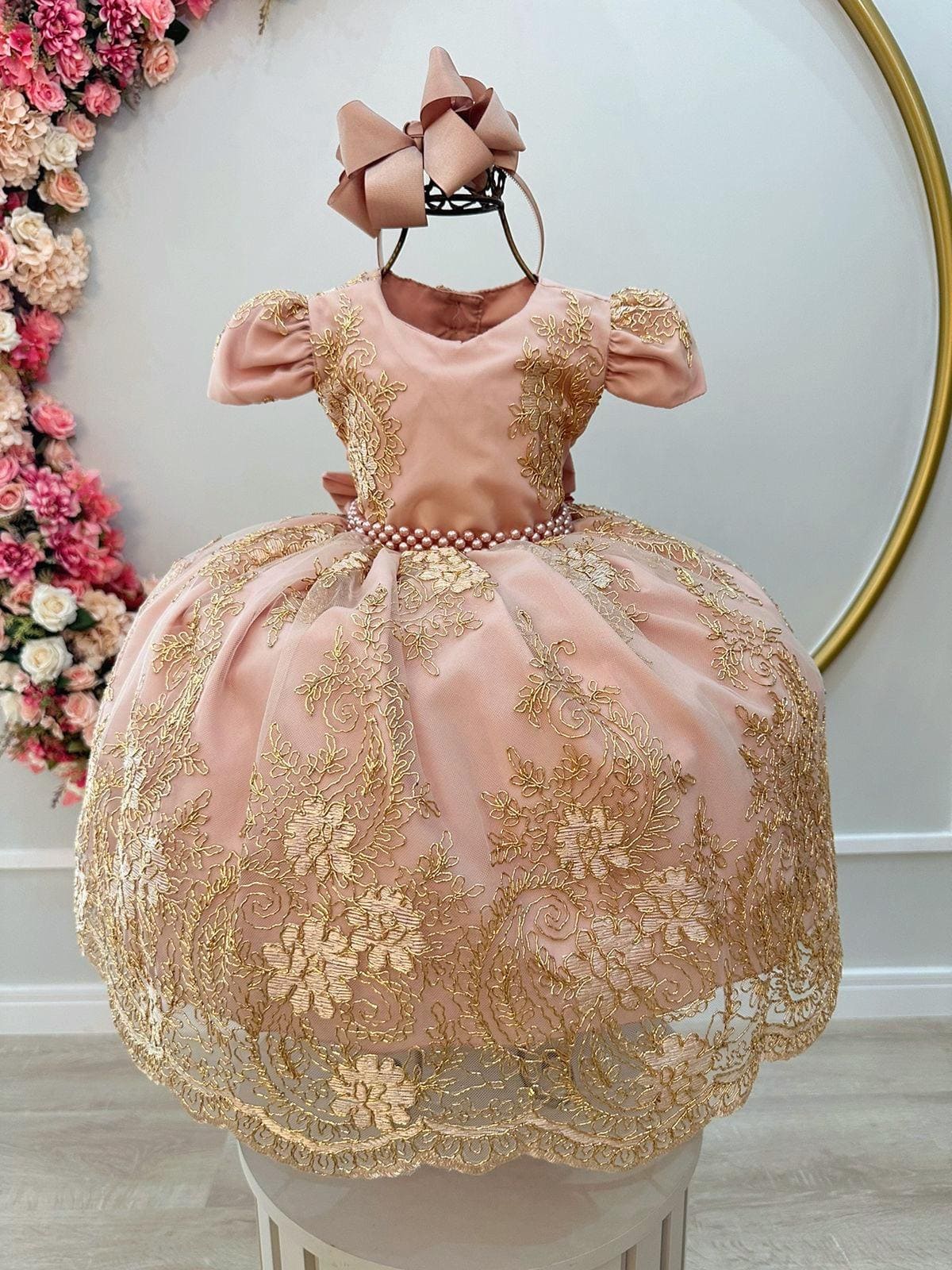 Vestido de Festa Infantil Rosê Nude Rosa Seco com Dourado Luxo