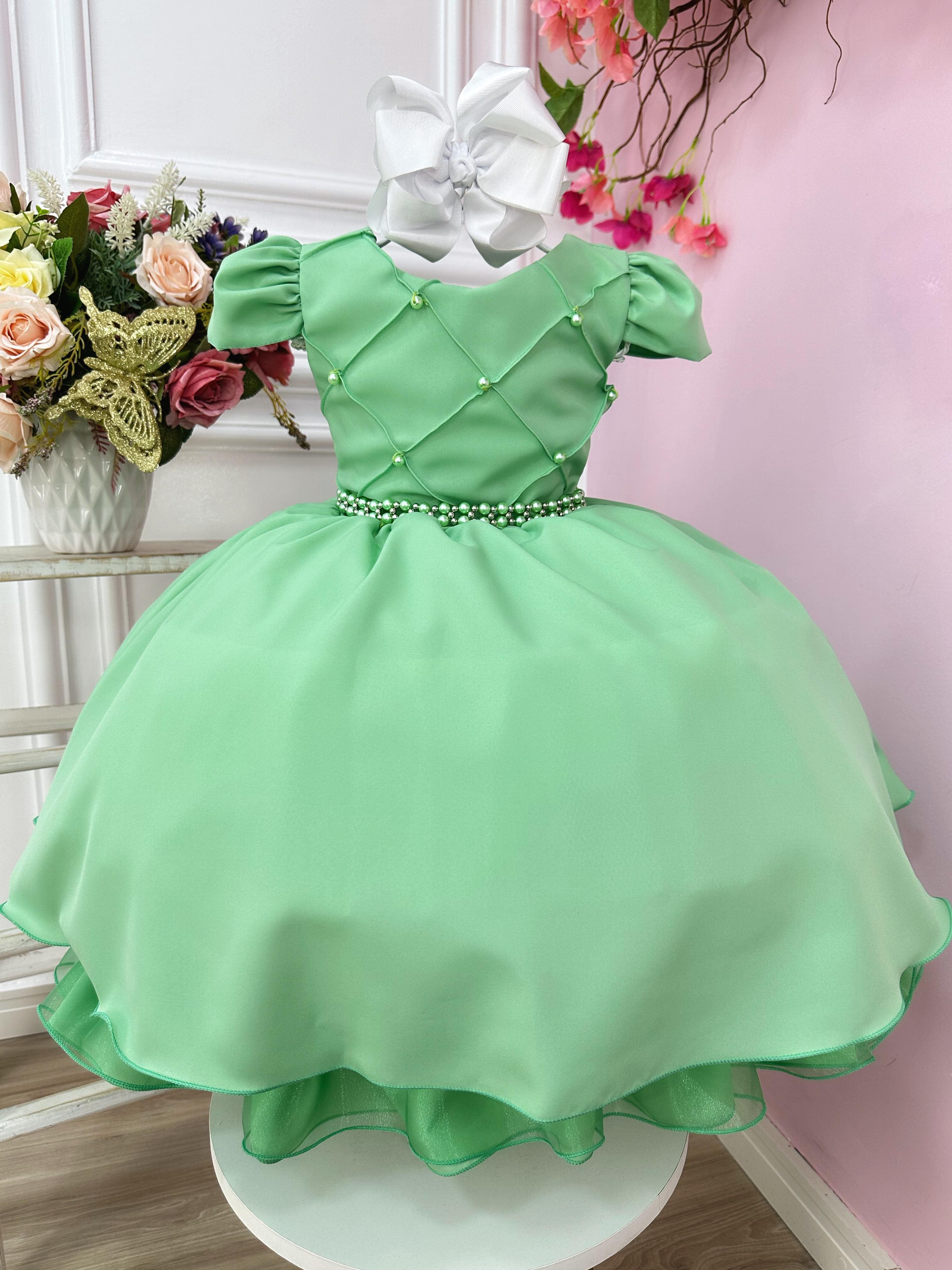 Vestido de Festa Infantil Verde Menta Nervura Perola