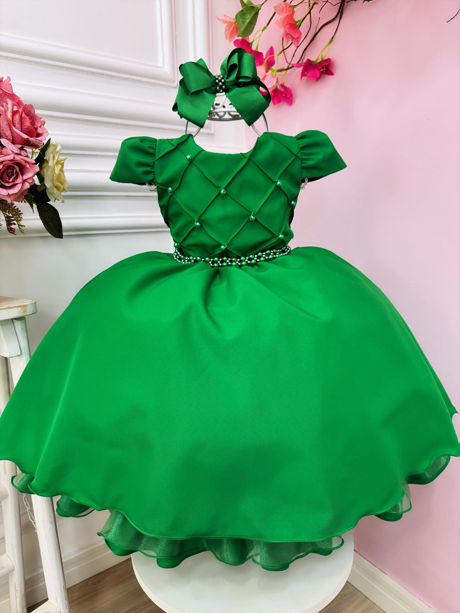 Vestido de Festa Infantil Verde Nervura