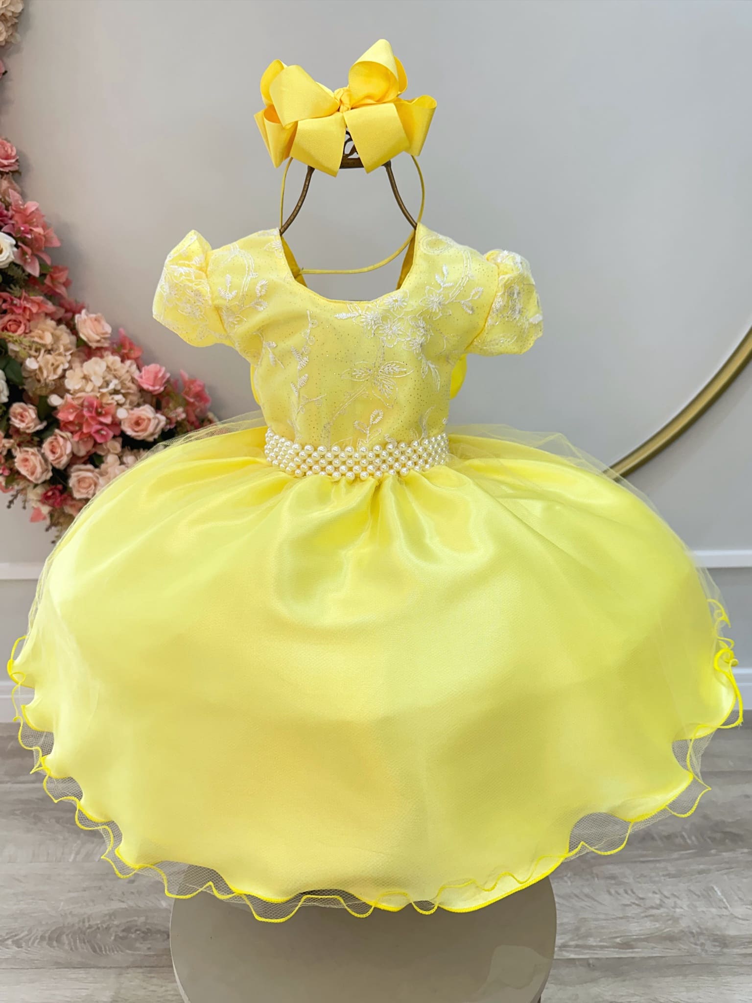 Vestido Festa Infantil Amarelo Renda