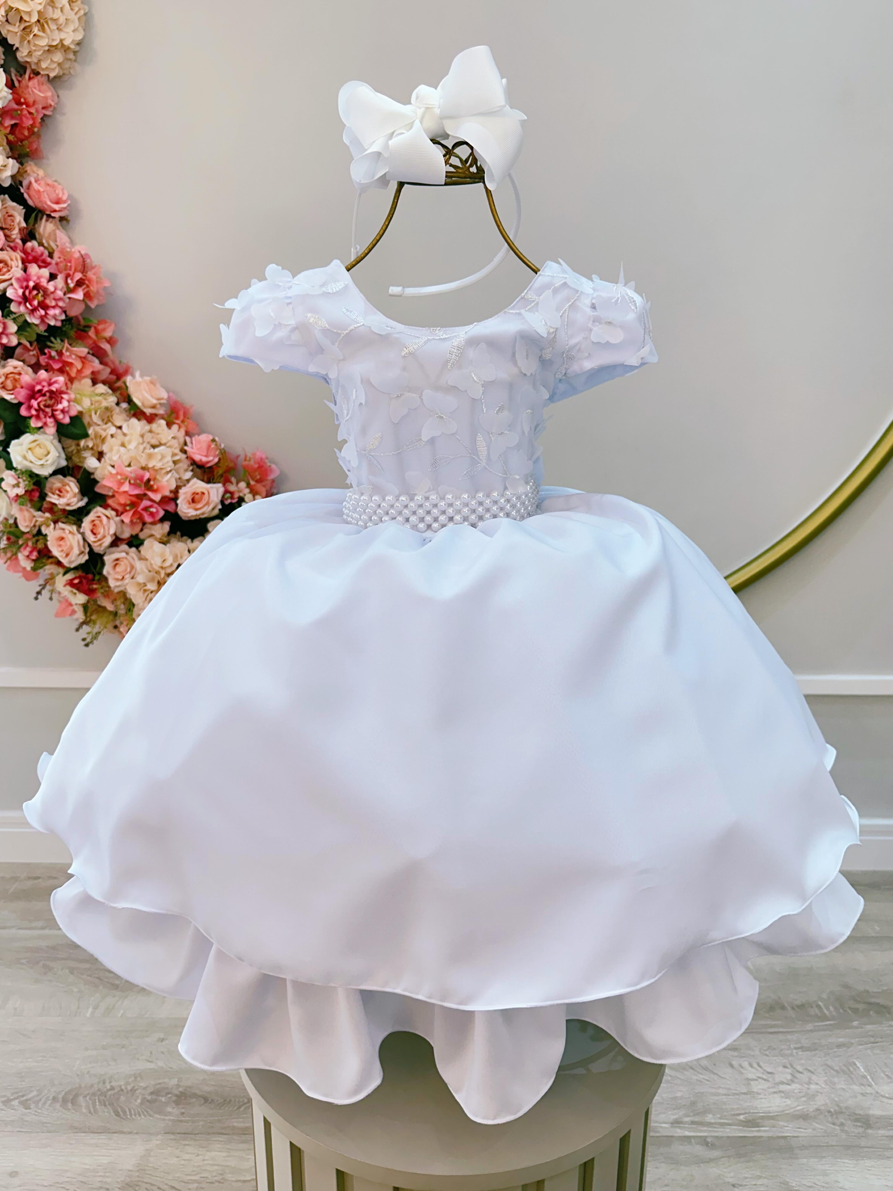 Vestido Infantil Branco Borboleta Batismo Dama