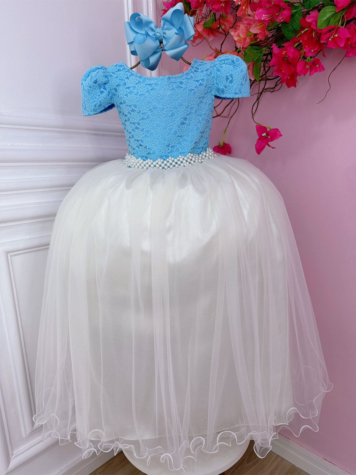 Vestido Infantil Azul Branco Longo Perola