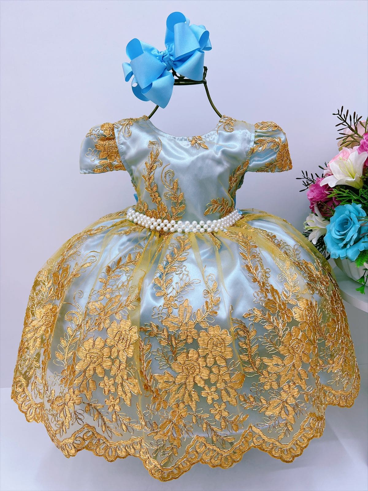 Vestido Infantil Frozen Princesas Com Cinto de Pérolas