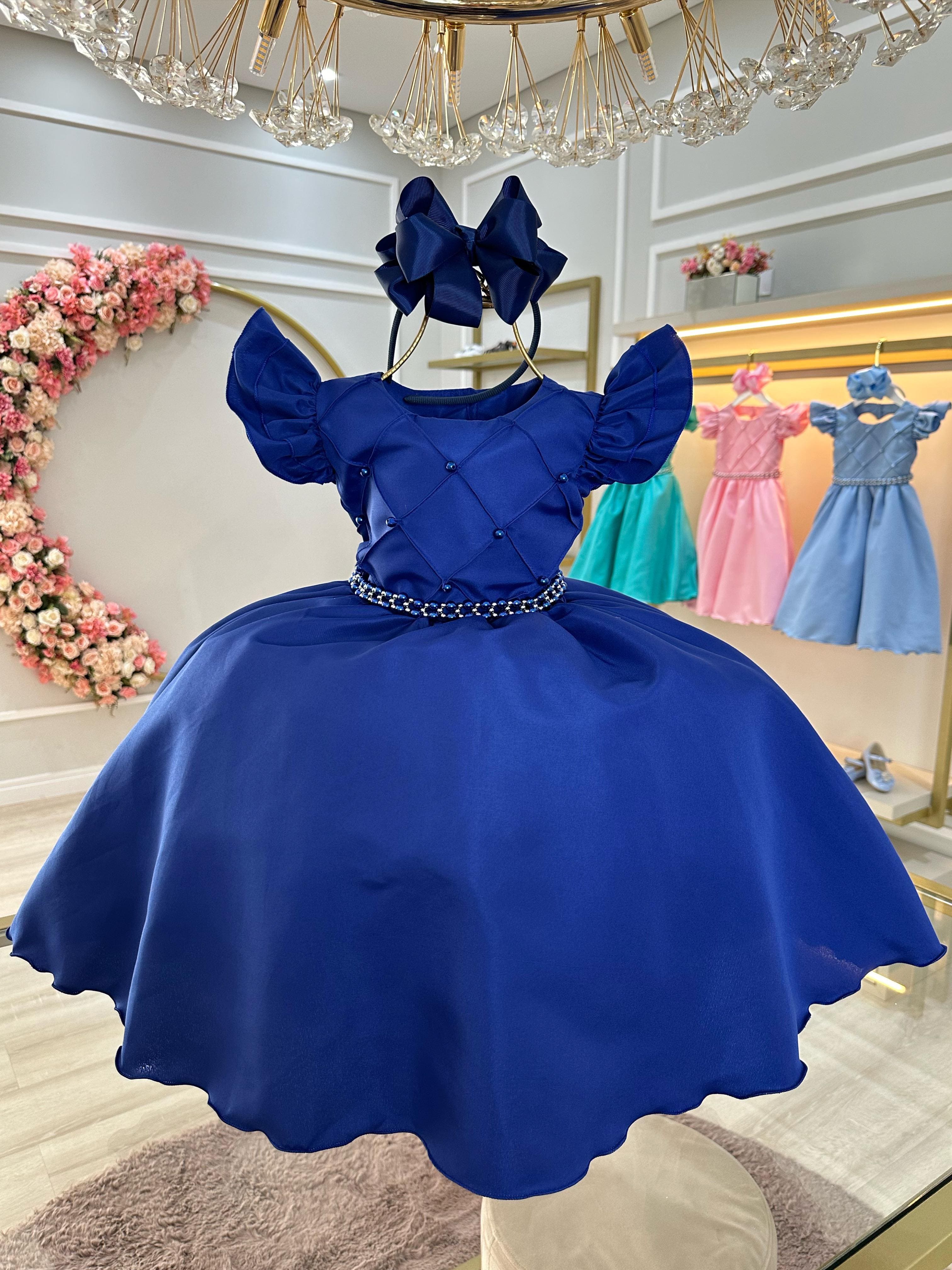 Vestido Infantil Azul Royal Nervura