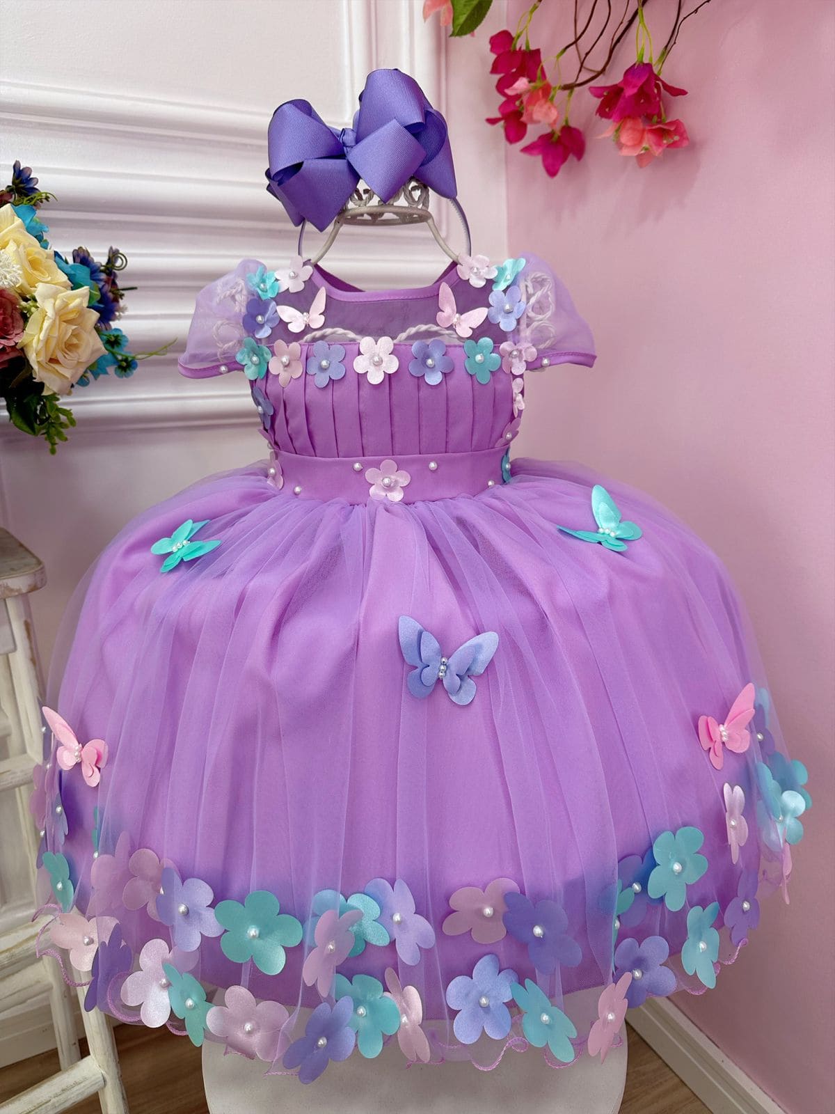 Vestido Infantil Borboleta Lilas Busto Plissado