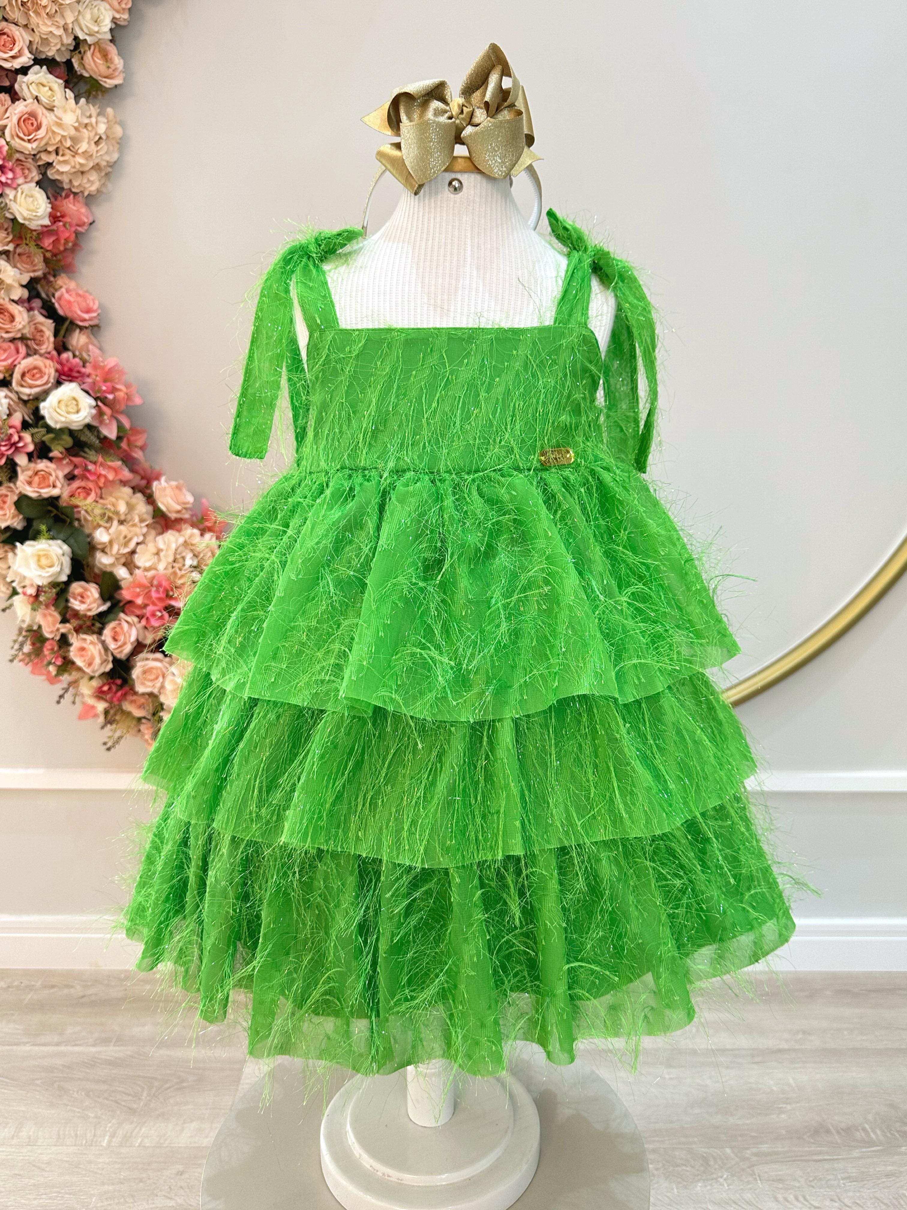 Vestido Infantil Casual Verde Plumas