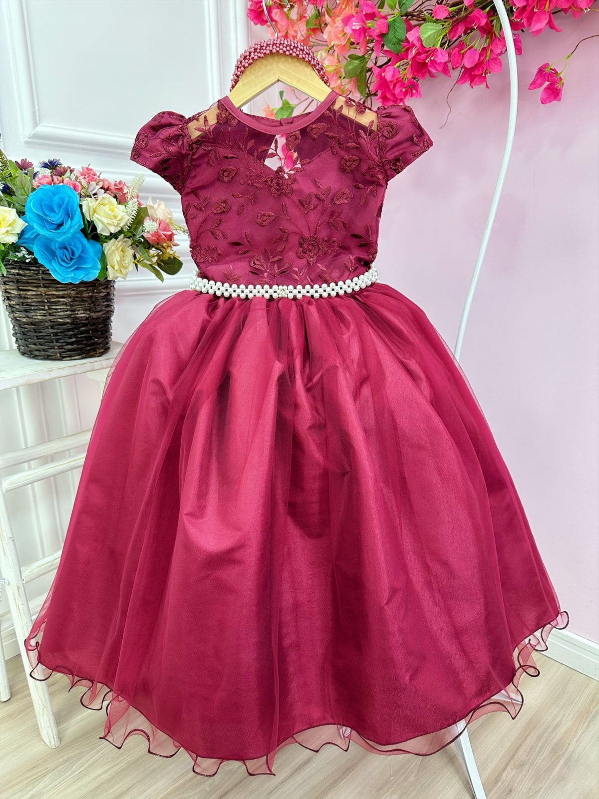 Vestido Infantil de Festa Marsala Vermelho