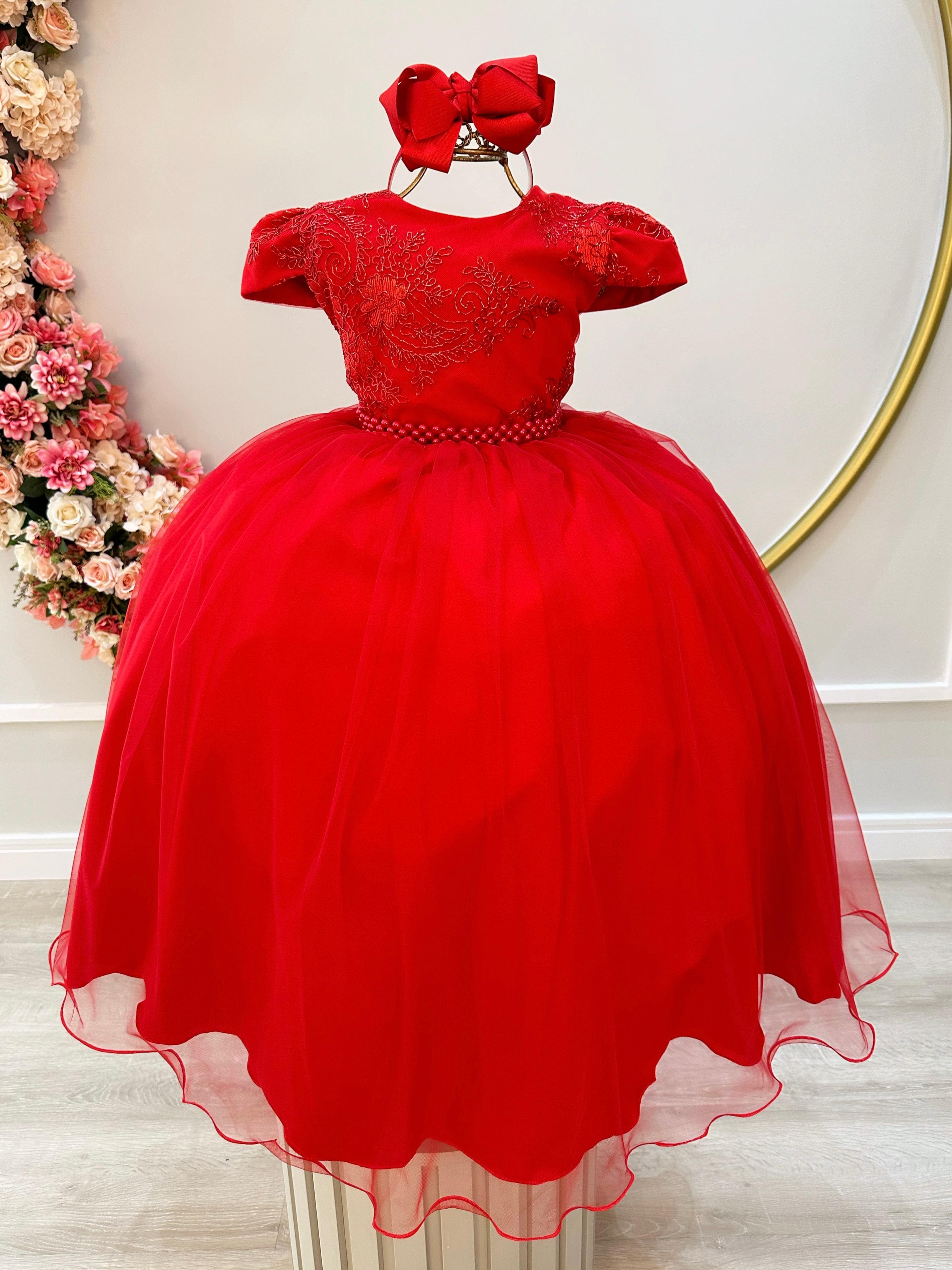 Vestido Infantil Longo de Festa Vermelho Renda