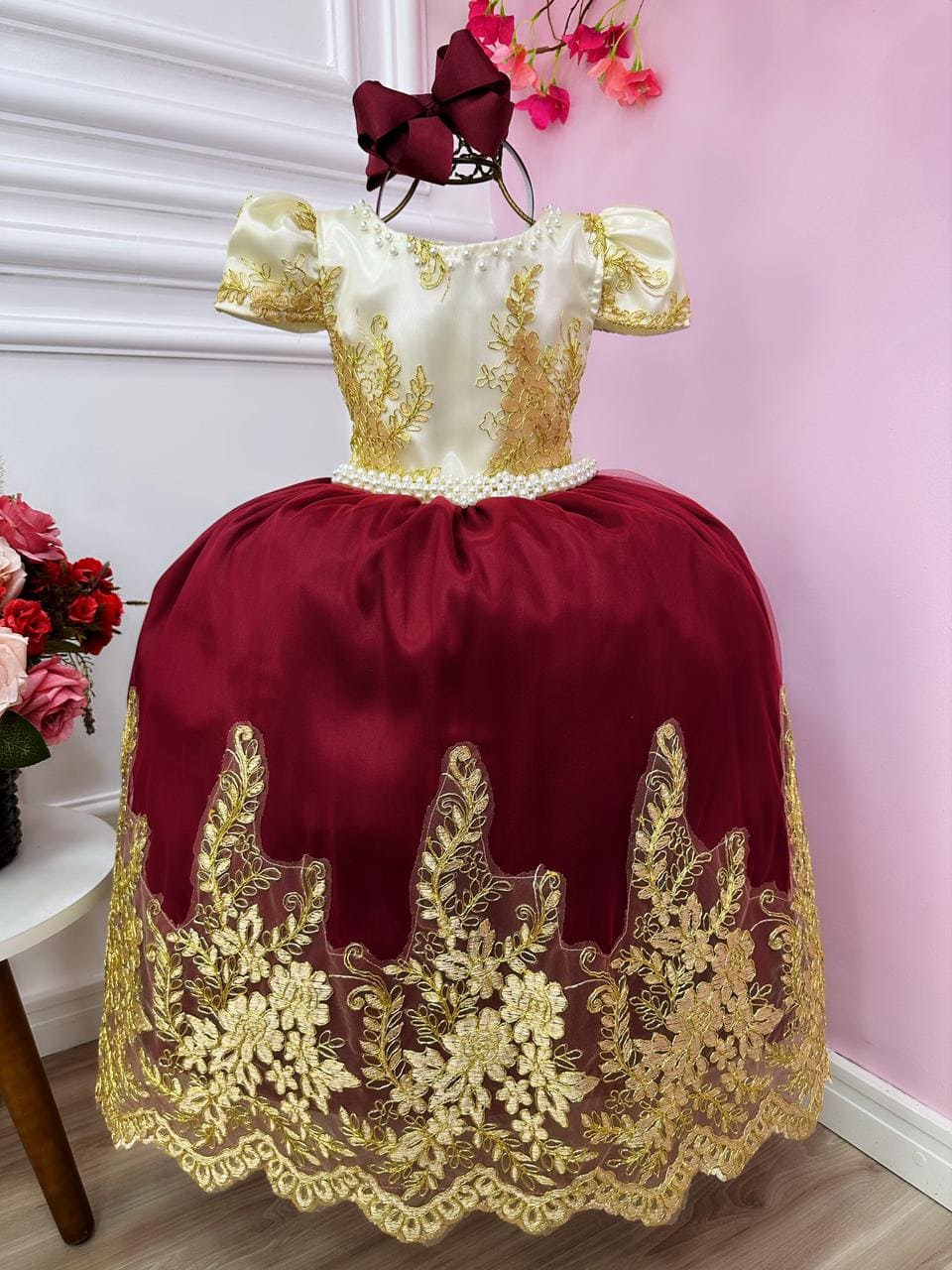 Vestido Infantil Longo Off Marsala Luxo