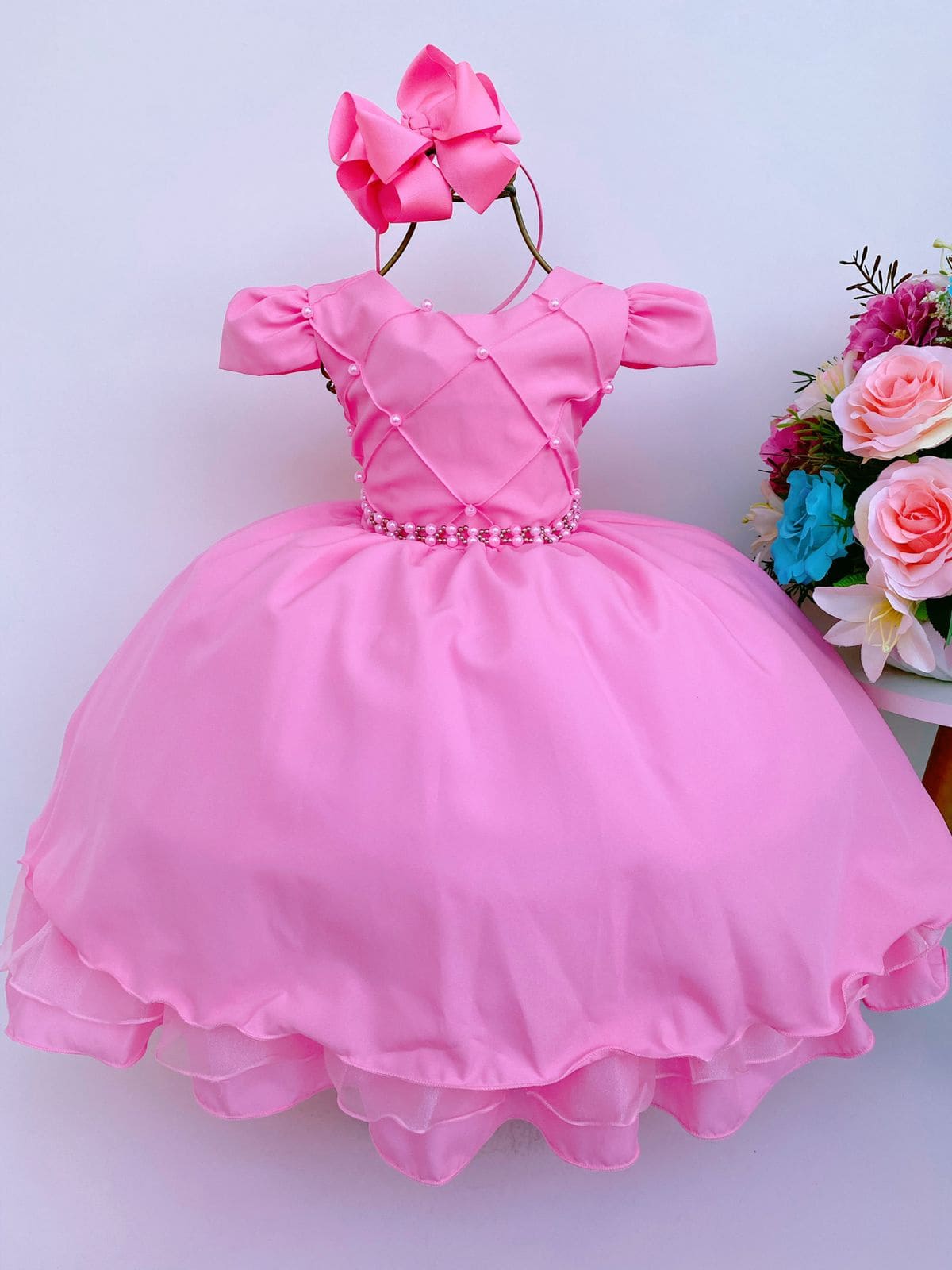 Vestido Infantil Rosa Chiclete Formatura Batizado Aniversário Jardim