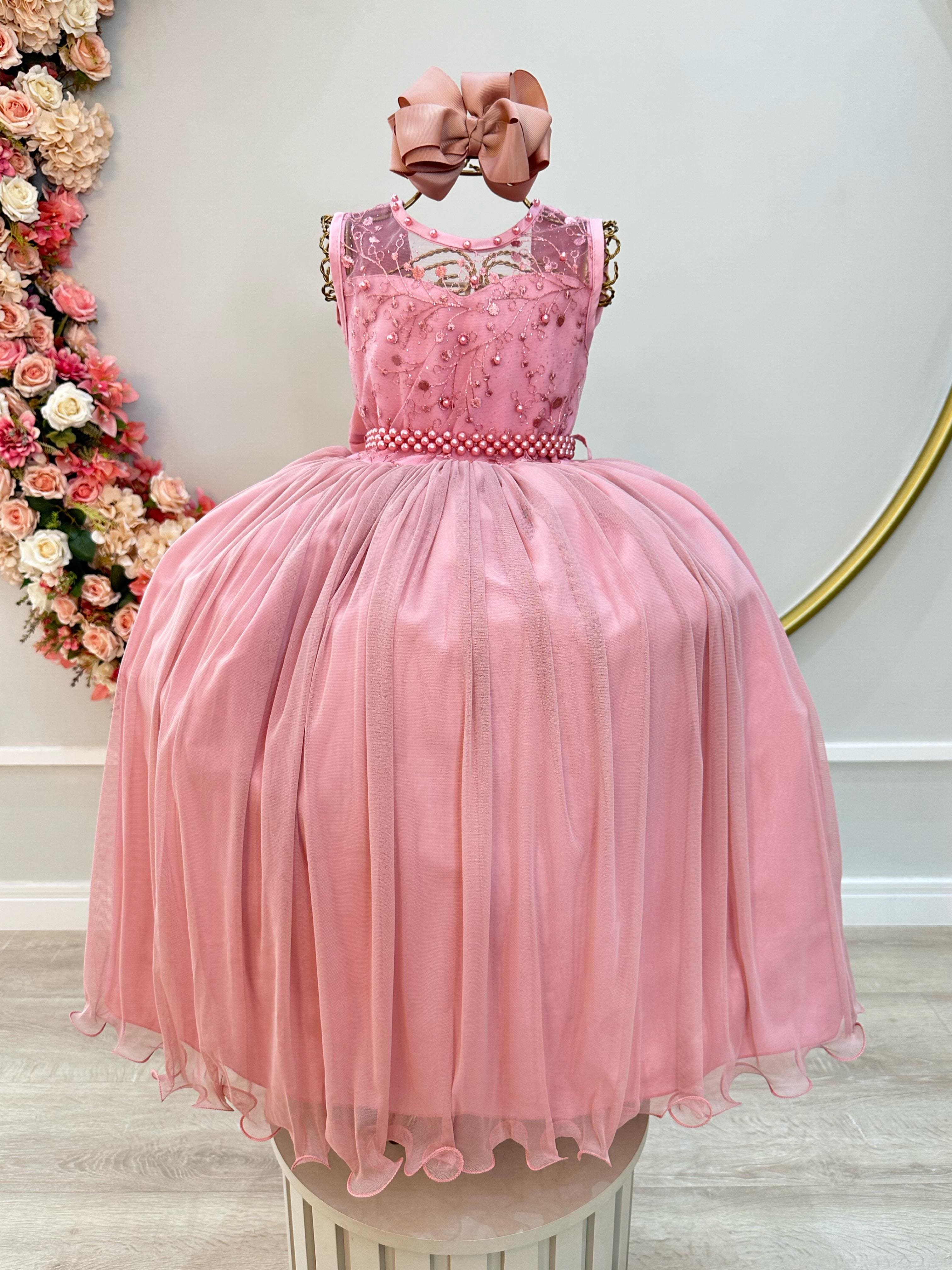 VESTIDO INFANTIL ROSÊ C/ RENDA LUXO E PÉROLAS DAMAS